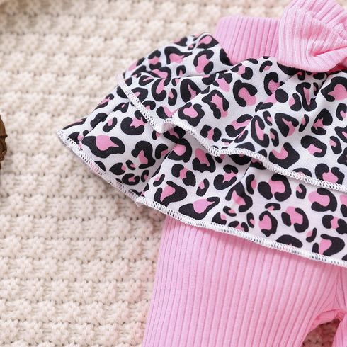 Baby Girl Layered Leopard Print Ruffle Trim Spliced Rib Knit Bow Front Leggings Pink big image 6