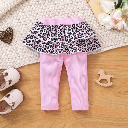 Baby Girl Layered Leopard Print Ruffle Trim Spliced Rib Knit Bow Front Leggings Pink big image 3