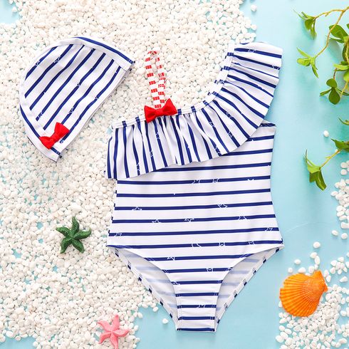 2pcs Toddler Girl Sweet Stripe Flounce Sleeveless Onepiece Swimsuit and Cap Set
