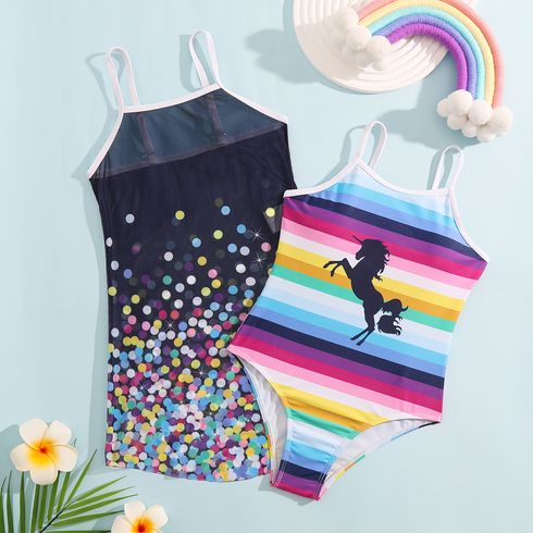 2Pcs Kid Girl Unicorn & Stripe Print Sleeveless Onepiece Swimsuit with Rainbow Polka Dots Print Mesh Cover Up