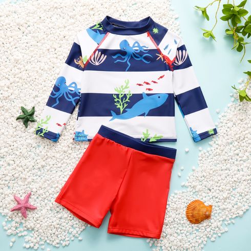 2pcs Toddler Boy Playful Shark Print Striped Top and Trunks Swimsuit