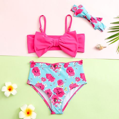 3Pcs Kid Girl Floral Print Bow Decor Two-piece Swimsuit Set