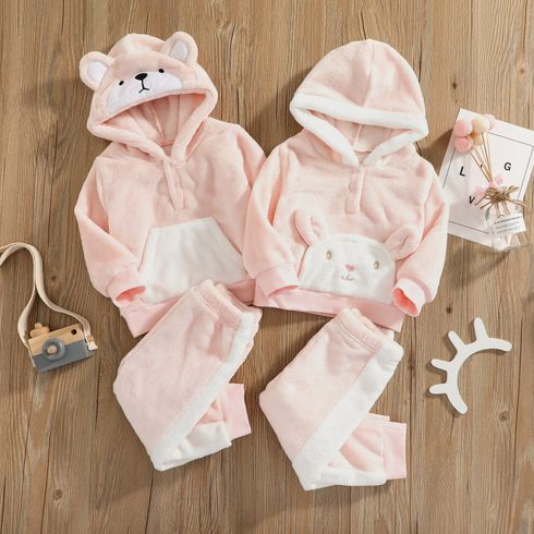 Baby 2pcs Cartoon Rabbit 3D Ear Pink Long-sleeve Fleece Hoodie and Trouser Set