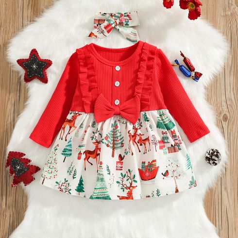 Christmas 2pcs Baby Red Ribbed Long-sleeve Spling Reindeer Print Romper Dress Set