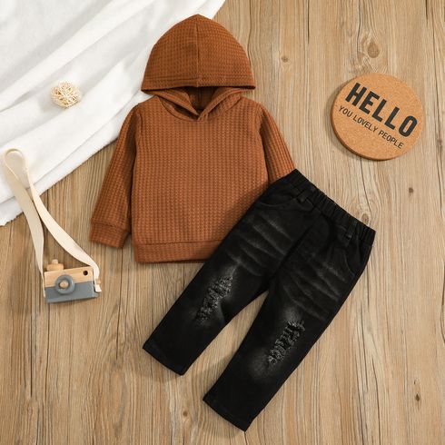 2-piece Baby Boy/Girl Waffle Hoodie Sweatshirt and 100% Cotton Ripped Denim Jeans Set