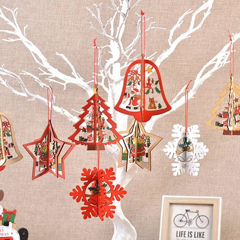 4Pcs Christmas Wooden Hollow Pendant Snowflake Bell Stars Pendant Xmas Tree Decoration