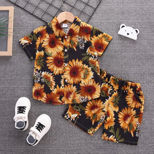 2pcs Toddler Boy Bobo Vacation Floral Print Lapel Collar Shirt and Shorts Set