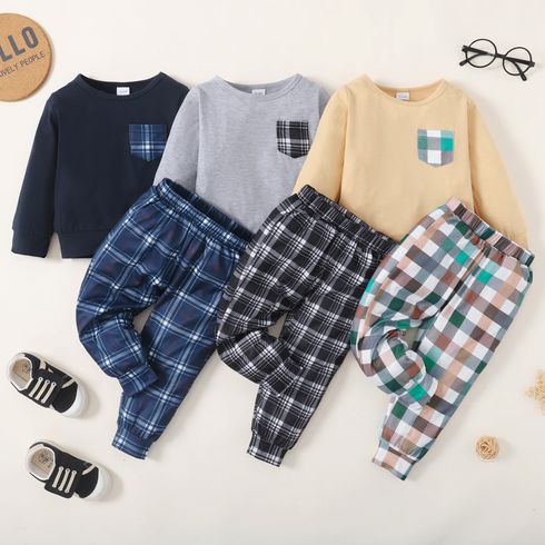 2pcs Toddler Boy Casual Plaid Pocket Design Sweatshirt & Pants Set