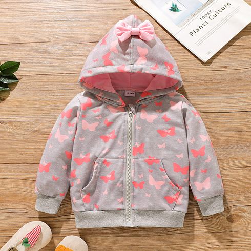 Toddler Girl Butterfly Print Bowknot Design Zipper Hooded Jacket Sweatshirt