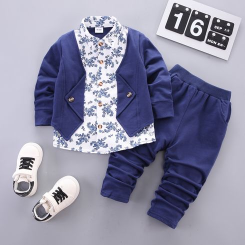2pcs Toddler Boy Preppy style Faux-two Floral Print Shirt and Pants Set