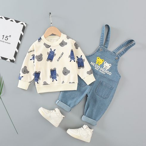 2pcs Teddy Bear Allover Long-sleeve Beige or Yellow or Orange Pullover and Letter Print Blue Denim Overalls Toddler Set