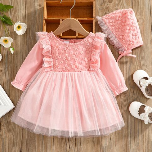 2pcs Lace and Mesh Splicing Ruffle Long-sleeve Baby Princess Party Dress Set