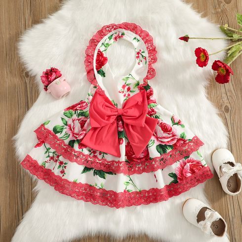 Baby Girl All Over Rosy Floral Print Sleeveless Halter Neck Layered Lace Princess Party Dress