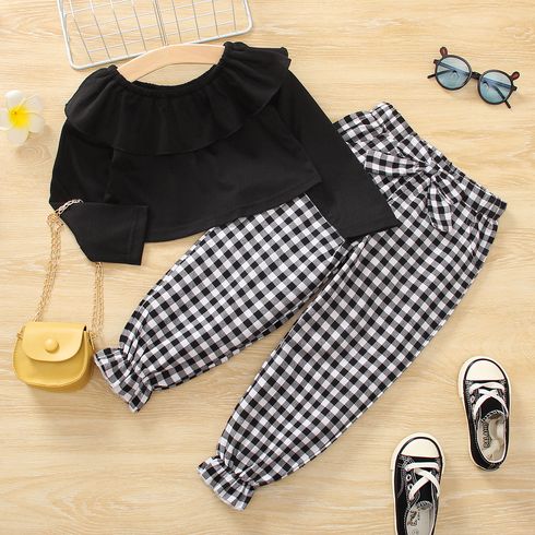 2pcs Toddler Girl Flounce Long-sleeve Black Tee and Bowknot Design Plaid Pants Set
