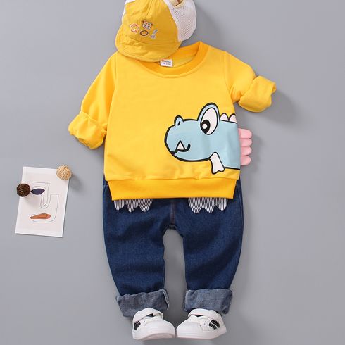 2pcs Toddler Boy Playful Denim Jeans and Pretty Dinosaur Print Spike Design Sweatshirt Set