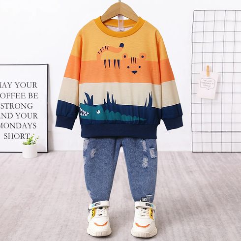 2pcs Toddler Boy Playful Ripped Denim Jeans and Animal Print Colorblock Sweatshirt Set