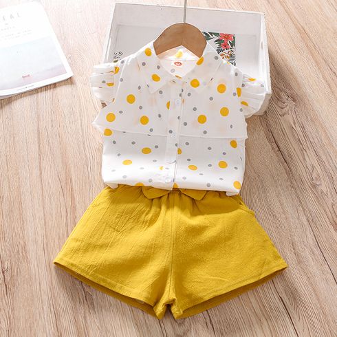 Ray Of Sunshine Toddler Girl 2pcs Dots Allover Lapel Collar Flutter-sleeve White Top and Solid Yellow or Pink Shorts Set