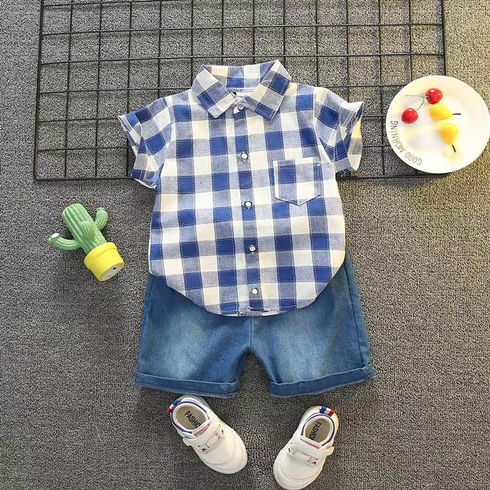 2-piece Toddler Boy Plaid Short-sleeve Short and Denim Shorts Set