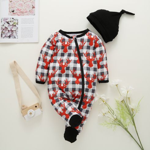 Christmas 2pcs All Over Reindeer Print Plaid Zip Long-sleeve Footed Baby Jumpsuit Set