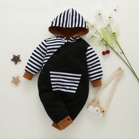 Striped Splicing Long-sleeve Hooded Baby Snap-up Jumpsuit