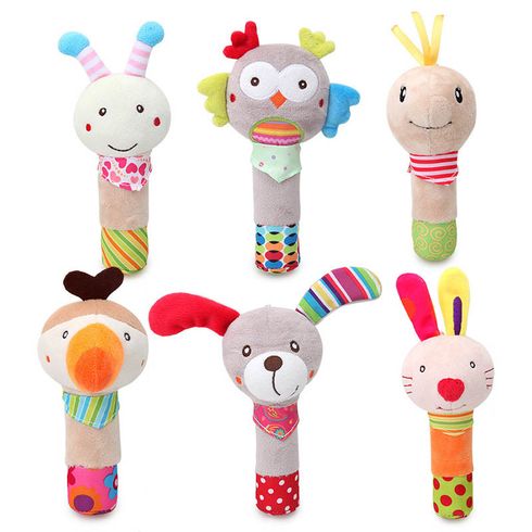 Baby Cartoon Animal Stuffed Hand Rattle with Sound Soft Plush Infant Developmental Hand Grip Toy Gift for Baby Girls Boys
