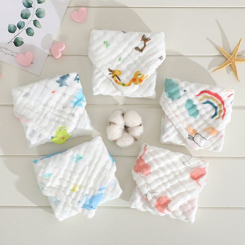 5-pack 100% Cotton Muslin Baby Washcloths Set Cartoon Animal Pattern 6 Layer Gauze Face Towels Saliva Towel