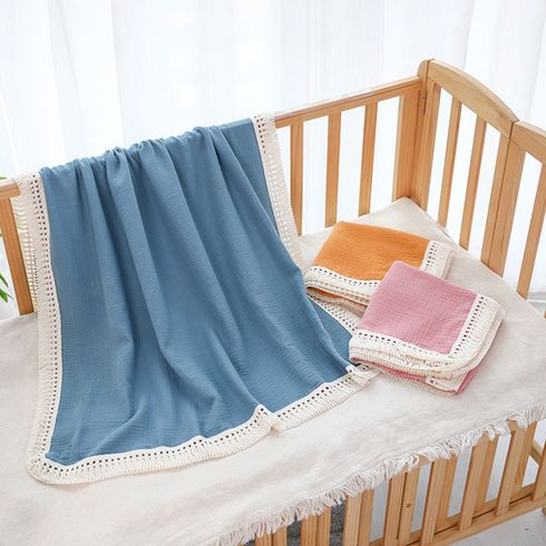 100% Cotton Muslin Baby Swaddle Quilt Blanket Boho Solid Fringe Blanket