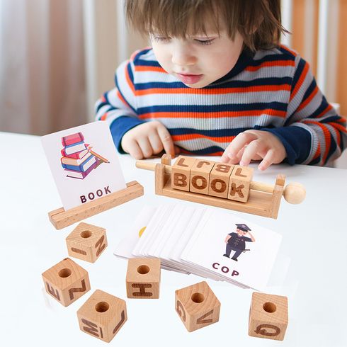 Wooden Reading Blocks Spelling Games Montessori Spinning Alphabet Math Calculation Learning Toy for Preschool Boys Girls
