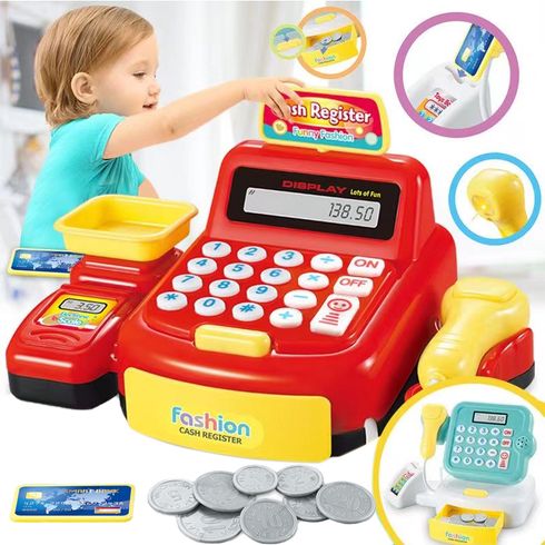 Pretend Play Cash Register Toy with Coins & Bank Cards & Bar Code Scanner Develops Early Math Skills