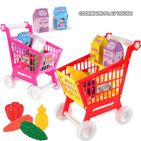 21Pcs Kids Shopping Cart Kit Supermarket Trolley Toys with Food Fruit Accessories Mini Shopping Pretend Play Toys (Random Accessories)