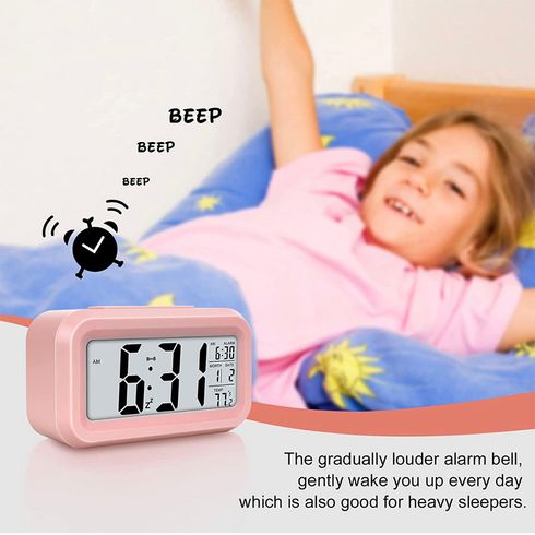 Digital Alarm Clock Battery Operated, LCD Digital Clock with Smart Sensor Night Light, Temperature Detect, Snooze Function for Bedroom, Bedside, Desk