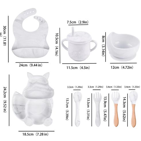 8Pcs Silicone Baby Feeding Tableware Set Includes Suction Bowl & Divided Plates & Adjustable Bib & Straw Sippy Cup with Lid & Forks & Spoons White big image 5