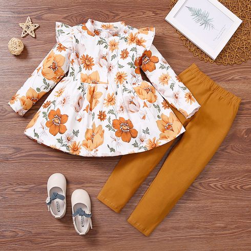 2-piece Toddler Girl Floral Print Button Design Corduroy Flutter Long-sleeve Top and Solid Pants Set
