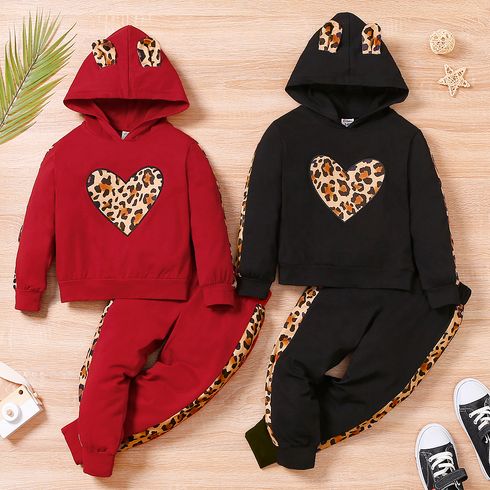 2-piece Toddler Girl Leopard Print Heart Pattern Hoodie Sweatshirt and Pants Set