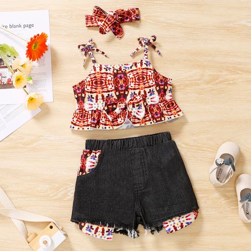 2pcs Toddler Girl Allover Print Bowknot Design Camisole and Denim Shorts Set