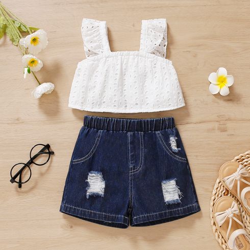 2pcs Toddler Girl Hollow out White Camisole and Ripped Denim Shorts Set