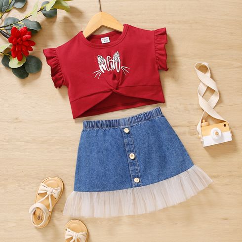 2pcs Toddler Girl Cat Print Twist Knot Flutter-sleeve Burgundy Tee and Mesh Hem Denim Skirt Set