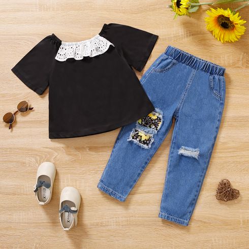 2pcs Toddler Girl Schiffy Design Short-sleeve Black Tee and Patchwork Ripped Denim Jeans Set