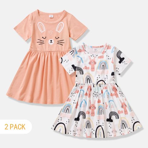 2-Pack Toddler Girl Rabbir/Rainbow Print Short-sleeve Dress