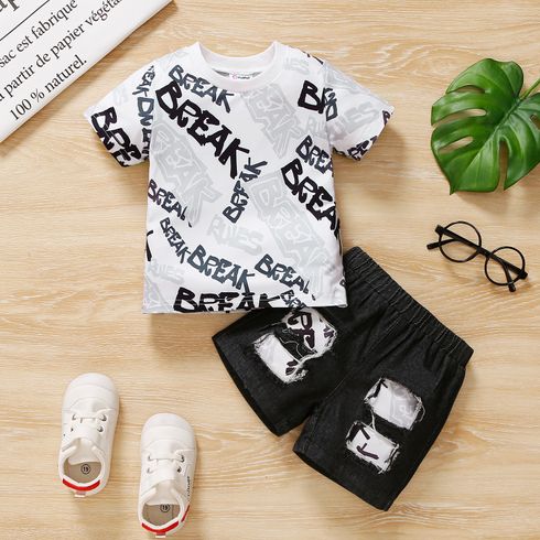 2pcs Baby Boy Allover Letter Print Short-sleeve T-shirt and Ripped Denim Shorts Set
