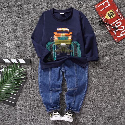 2pcs Toddler Boy Vehicle Print Sweatshirt and Denim Jeans Set