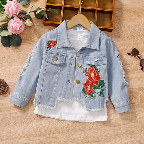 Toddler Girl Sweet Floral Embroidered Denim Irregular Cotton Jacket (Tee is not included)