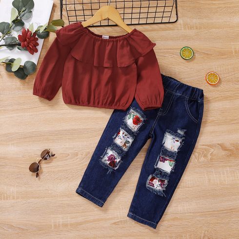 2pcs Toddler Girl Trendy Ripped Denim Jeans and Flounce Blouse Set