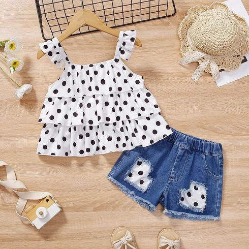 2pcs Toddler Girl Trendy Denim Patchwork Shorts and Polka dots Camisole Set