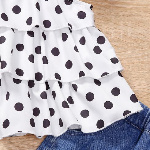 2pcs Toddler Girl Trendy Denim Patchwork Shorts and Polka dots Camisole Set White big image 3