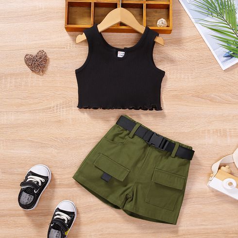 2pcs Toddler Girl Trendy Ribbed Tank Top and Buckled Belted Shorts Set