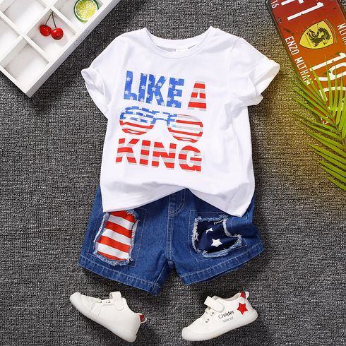 Independence Day 2pcs Toddler Boy Letter Print Cotton Tee and Ripped Denim Shorts Set