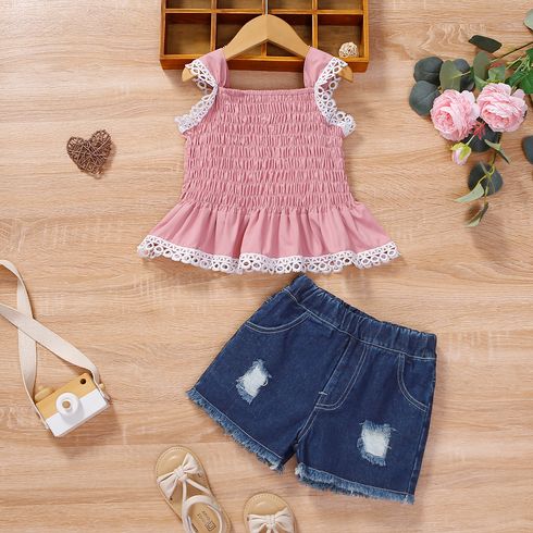 2pcs Toddler Girl Trendy Lace Trim Ruffle Hem Smocked Tank Top and Ripped Denim Shorts Set