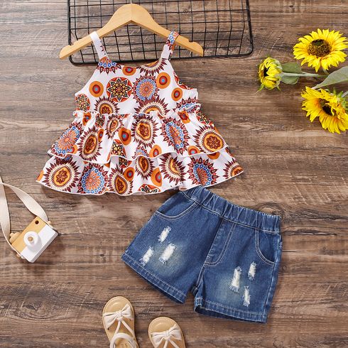 2pcs Toddler Girl Boho Ripped Denim Shorts and Exotic Graphic Camisole Set
