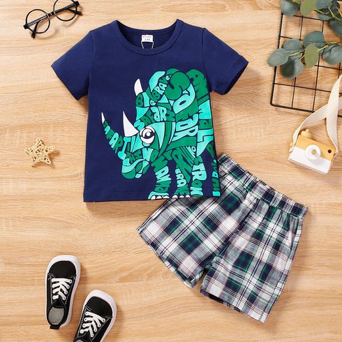 2pcs Toddler Boy Playful Dinosaur Print Short-sleeve Tee and Plaid Shorts Set
